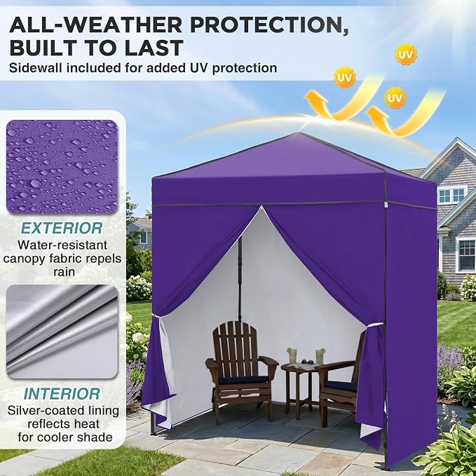 EAGLE PEAK 6x4 Instant Pop Up Canopy Tent with 4 Side Wall Panels, Straight Leg Sun Shelter, Portable Canopy with Carry Bag for Camping, Beach & Sports, Purple