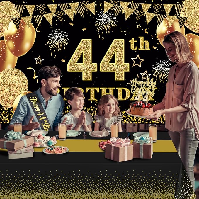 44th Birthday Decorations Men Women with 44th Birthday Banner, Black and Gold Table Cloth, Number Balloons, Large Sash, Cake Topper and Candles