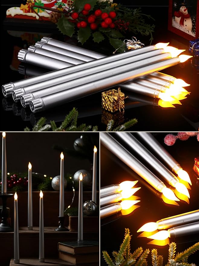 Funtery 48 Pcs Flameless LED Taper Candles Battery Operated Candles Bulk Realistic LED Candlesticks Flickering for Wedding Church Party Home Decor(Silver,11 Inch,Classic Style)