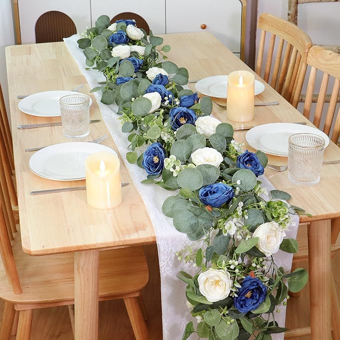 TOCHGREEN 2 Pack 13Ft Artificial Eucalyptus Flower Garland with White and Blue Roses, Fake Rose Flower Greenery Garland Floral Vines for Wedding Home Party Table Runner Decor (Blue White, 2PCS)