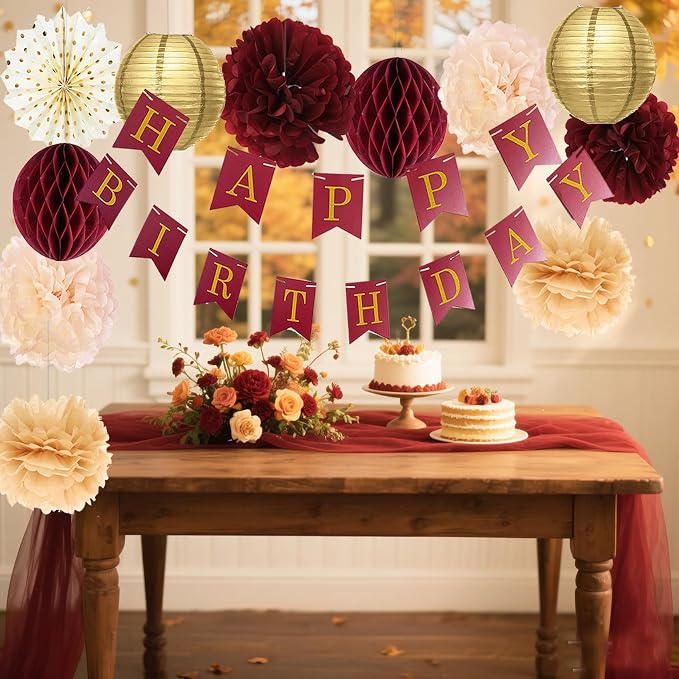 Burgundy Gold Birthday Party Decorations for Women/Maroon Gold HAPPY BIRTHDAY Banner Polka Dot Fans for Fall Women 30th/40th/50th Birthday Decorations Maroon