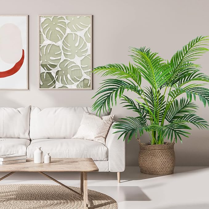 Worth Garden 4ft Artificial Areca Palm Plant 2 Packs in Pot, Fake Cane Palm Silk Tree Indoor Outdoor, Dypsis Lutescens, 47in Lifelike Faux Silk Plant Home Decor, Two Linen Bags Included
