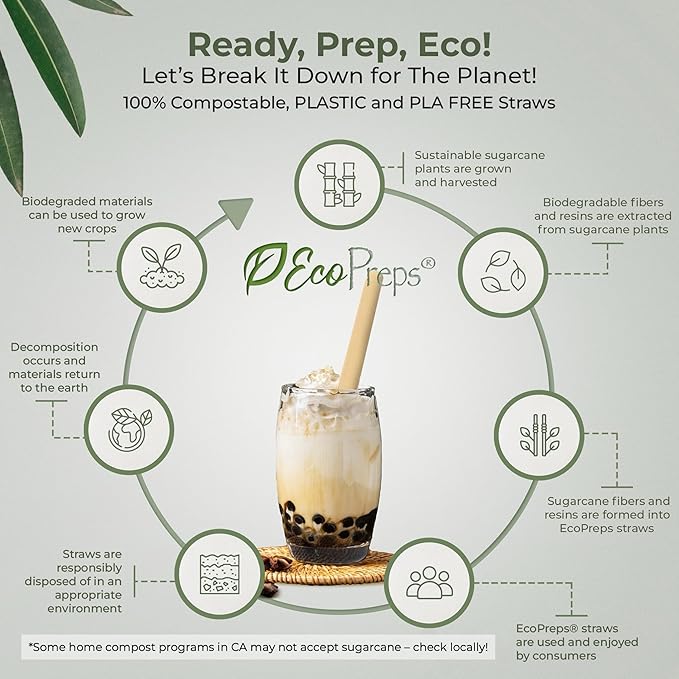 EcoPreps Biodegradable Jumbo Smoothie Straws, Sugarcane Boba Straws - 50 PCS, Extra Wide, 100% Compostable, Plastic-Free, Eco-Friendly Large Wide-Mouthed Straw - 8.25" Long Sugarcane Disposable Straw