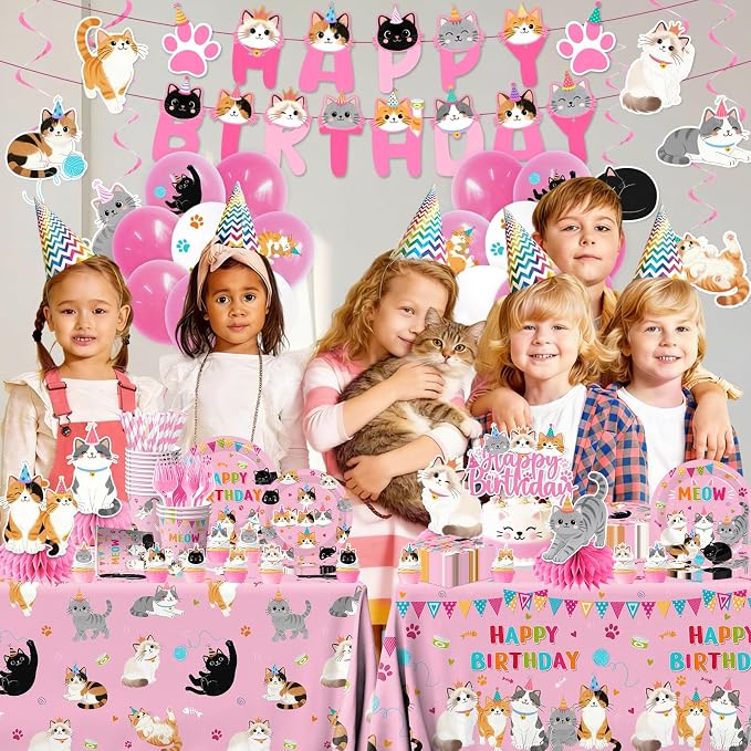 204Pcs Cat Birthday Decorations - Cat Birthday Party Supplies Include Plates,Napkins,Banner,Tablecloth,Hanging Swirls,Cake Toppers Pink Themed Decoration for Boys Girls Party Serves 24