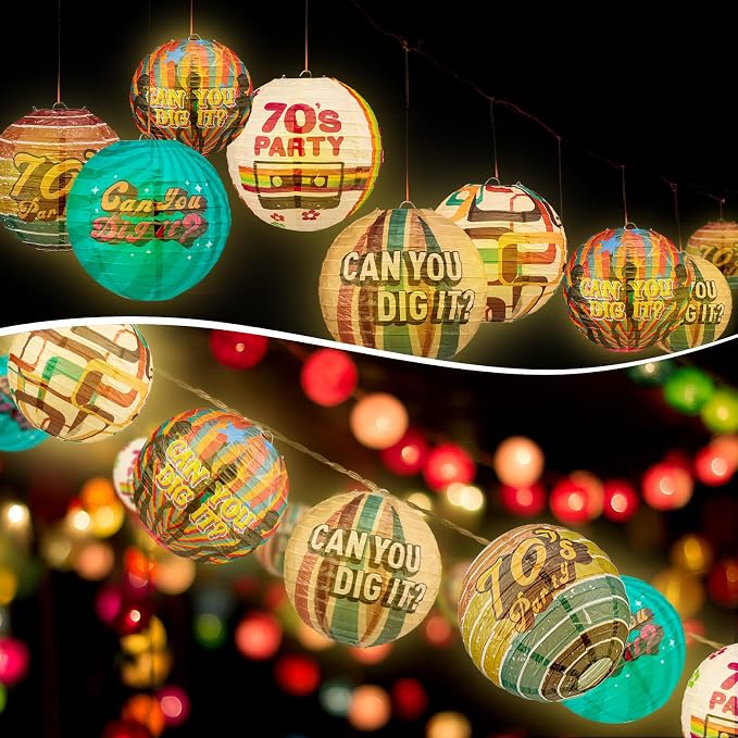 Panelee 12 Pcs 70's Retro Paper Lanterns Party Decorations 8 Inch Hanging Round Paper Party Decorations for Holiday Indoor Outdoor Supplies