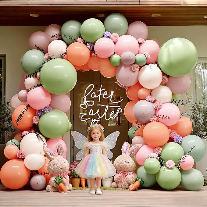 Pastel Green Pink Balloon Arch Double Stuffed Pink Dusty Green Mauve Peach Blush Balloon Garland Kit Artificial Flower Leaves for Baby Shower Wedding Birthday Floral Princess Easter Tea Party Decor