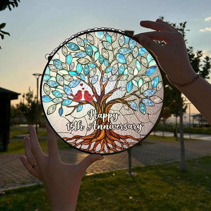 15th Wedding Anniversary Stained Glass Suncatcher, 6x6' Anniversary Decorations, 15th Celebration Marriage Gifts for Parents, Couple, Wife & Husband, 15 Wedding Milestone Keepsake