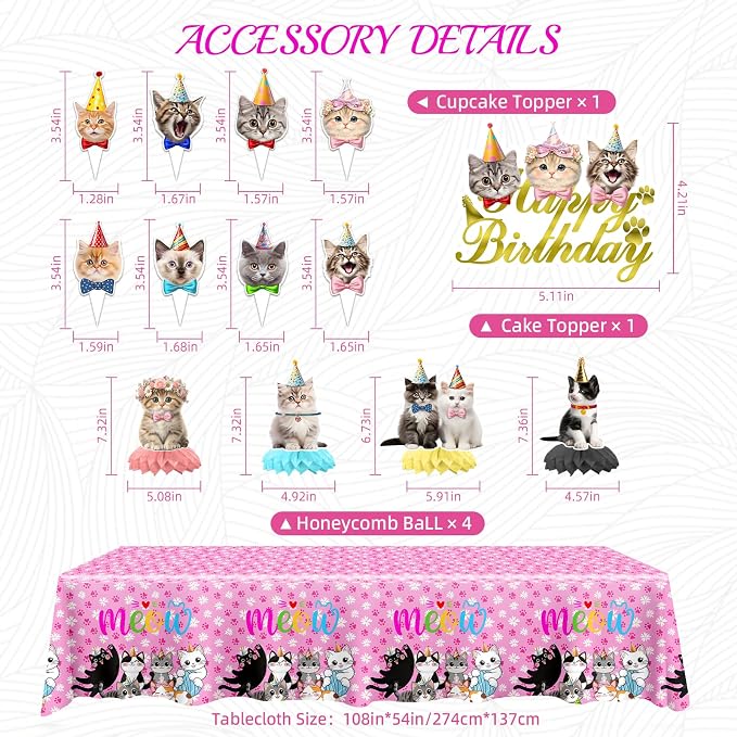 Cat Birthday Decorations, Cat Party Supplies with 9" & 7" Plates, Napkins, Tablecloth, Cake Topper, Pre-assembled Banner & Honeycomb Centerpieces for Cat Themed Birthday Party Decorations