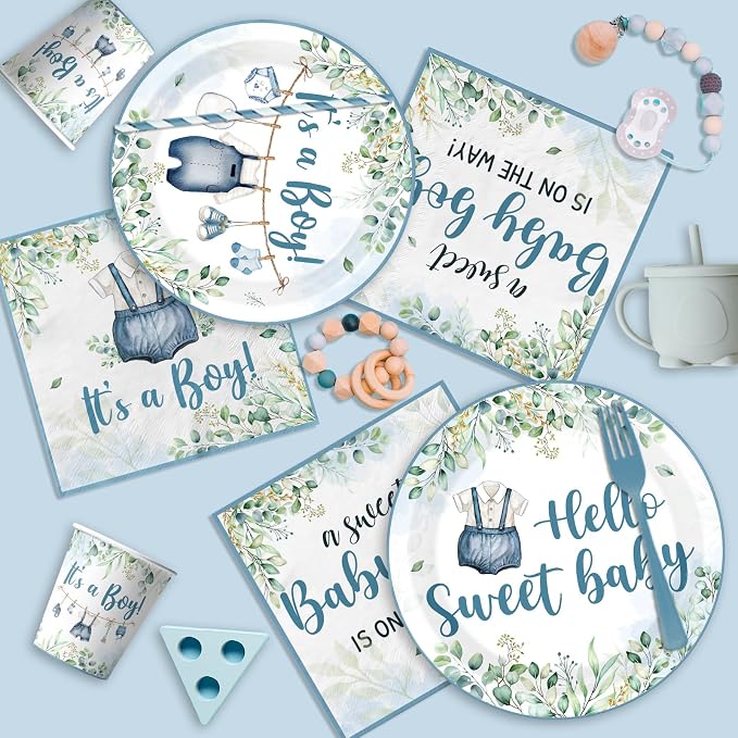 Blue and Sage Green Baby Boy Shower Decorations, All-in-1 Boho Baby Shower Decorations Boy with Balloon Arch Boy Boxes Plates Napkins Cake Toppers Tablecloth Backdrop Banner for Its a Boy Baby Shower