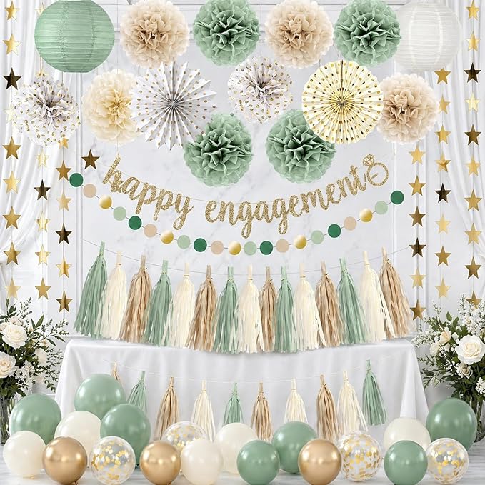Engagement Party Decorations Boho Sage Green and Gold - 46 Pcs Pre-strung Happy Engagement Banner, Paper Lanterns, Fans, Pom Poms, Tassels, Garland, Balloons, Just Engaged Decorations Kit