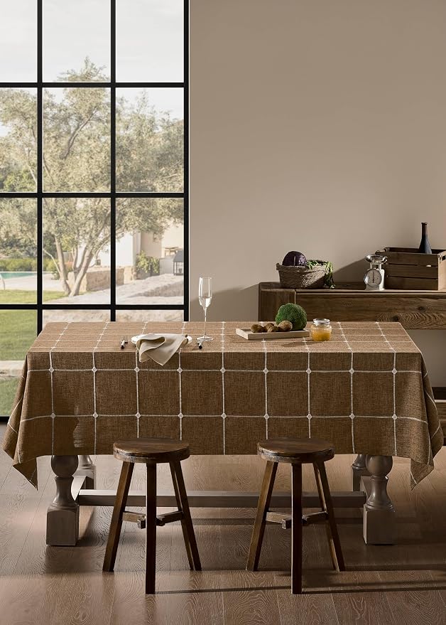 ZeeMart Grid Embroidered Hemmed Tablecloths, Caramel 52x70 Inch, Farmhouse Style Heavy Weight Cotton Linen Brown Tablecloths, Boho Plaid Water Resistant Rectangle Table Cloth