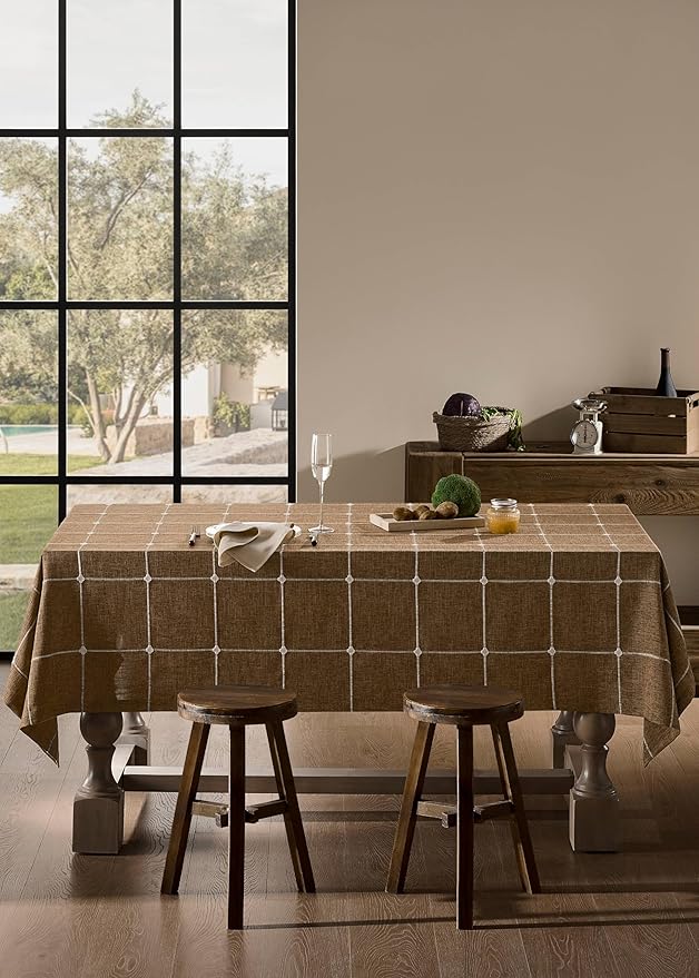 ZeeMart Grid Embroidered Hemmed Tablecloths, Caramel 52x52 Inch, Farmhouse Style Heavy Weight Cotton Linen Brown Tablecloths, Boho Plaid Water Resistant Square Table Cloth