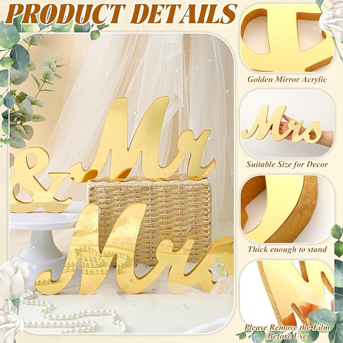 Yuntau Mr & Mrs Table Sign with Acrylic Mirror Wooden Freestanding Letters Sweetheart Table Decorations & Photo Props for Wedding Anniversary Parties Photo Props, Rustic Shower Gift(Gold)