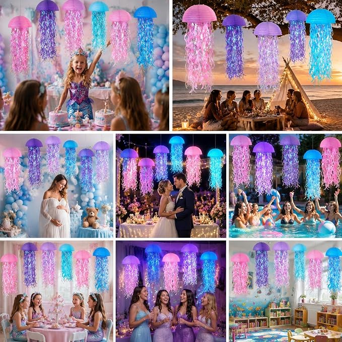 6-Pack Jellyfish Paper Lanterns, Pink Purple Blue Under The Sea Party Decorations, Mermaid Birthday Decorations for Girls, Ocean Themed Baby Shower, Pool & Beach Party Decor