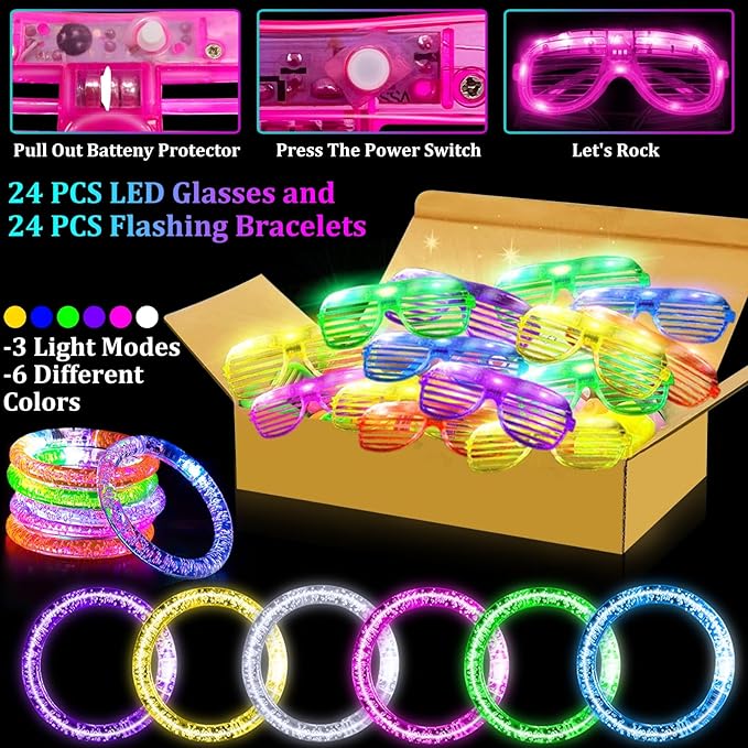 TURNMEON 148 PCS Glow in the Dark Party Supplies Light Up Toys with 24 Led Glasses, 24 Flashing Bracelets and 100 Glow Sticks Bulk Party Favors Birthday Wedding Carnivals Concert Patriotic