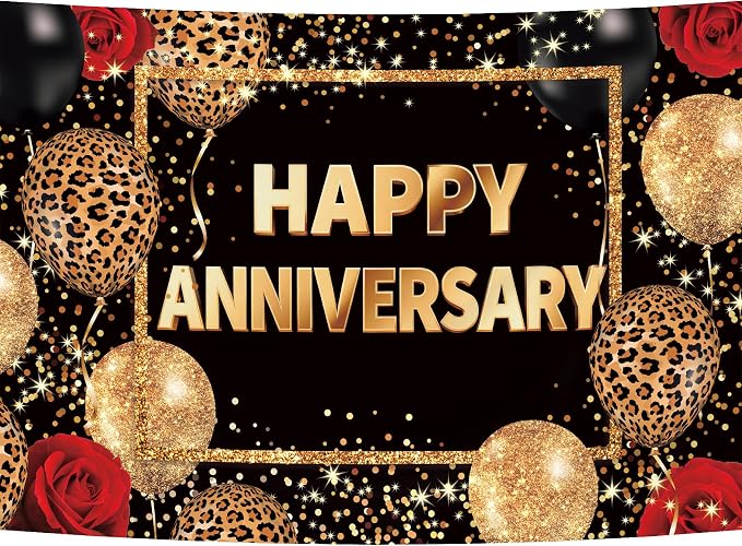 Leopard Print Happy Anniversary Backdrop 7Wx5H Feet Polyester Fabric Black Gold Red Cheetah Print Decoration Balloon Rose Cool Party Celebration Photography Background Photo Shoot Props