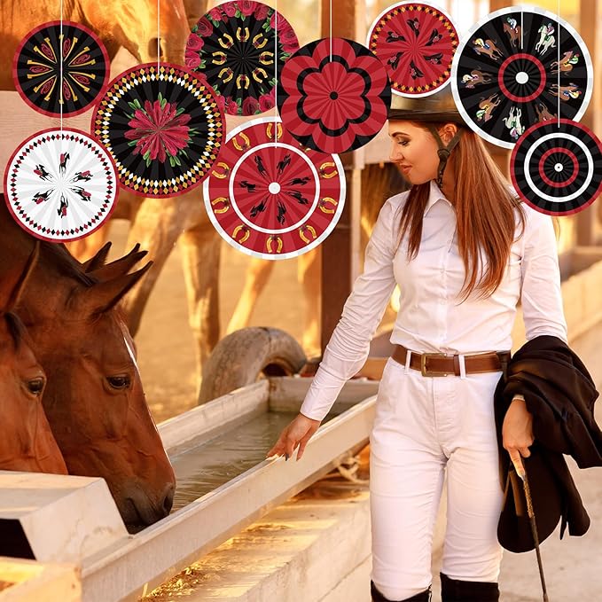Outus 9 Pcs Horse Racing Paper Fans Derby Day Hanging Decorations Horserace Festival Party Paper Fans Hanging Ceiling Wall Decors for Racing Equestrian Themed Birthday Party Supplies