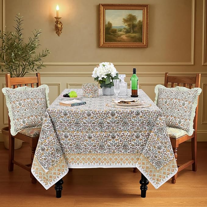 Ridhi Goldenrod Yellow Hand Block Print Cotton Rectangle Tablecloth 118" x 70" inches Reusable Table Cover Decorative Everyday Use for Dining Room, Farmhouse, Home Gift for Spring, Mother's Day