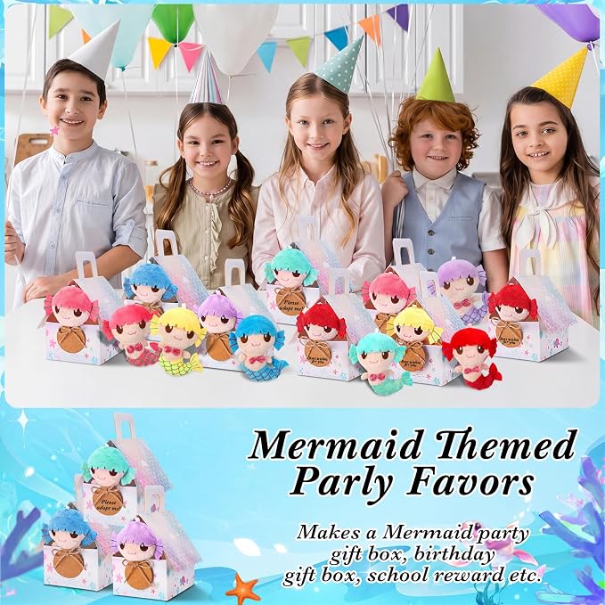 Spakon 88 Pcs Adopt a Mermaid Pet Party Favors Mini Mermaid Plush Toy Assortment with Gift Box House Small Animal Plush Animal Stickers for Kids Goodie Stuffers Pinata School Carnival Prize