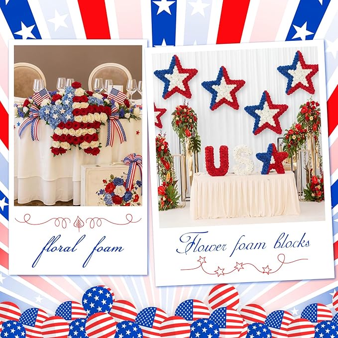 Pangda 6 Pcs Memorial Day Star Shaped Floral Foam Wet Florist Foam Blocks with 12 Pcs Clear Plant Support Stakes for Patriotic 4th of July Red White Blue Flower DIY Table Wall Decor, 8"x 8" x 1.47"