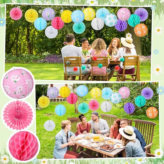 Baquler 18 Pcs Spring Daisy Party Decoration Pastel Flower Floral Hanging Paper Lantern Wild Fans Honeycomb Ball for Wedding Bridal Shower Party Ceiling Decor Supplies