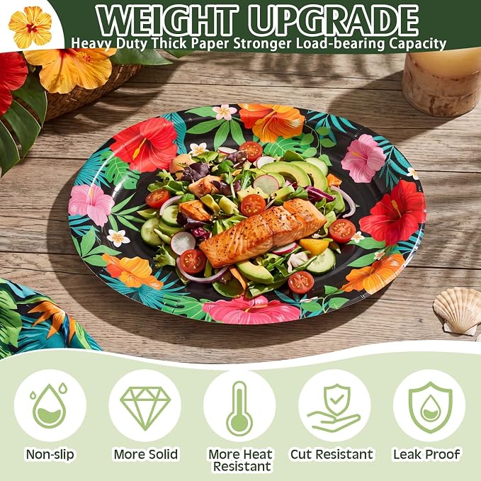 Pajean 350 Pcs Hawaiian Luau Party Supplies 12 in Disposable Tropical Aloha Oval Plates and Napkins Set Hibiscus Floral Heavy Duty Paper Tableware Set for 50 Guests Summer Pool Beach Party Decorations