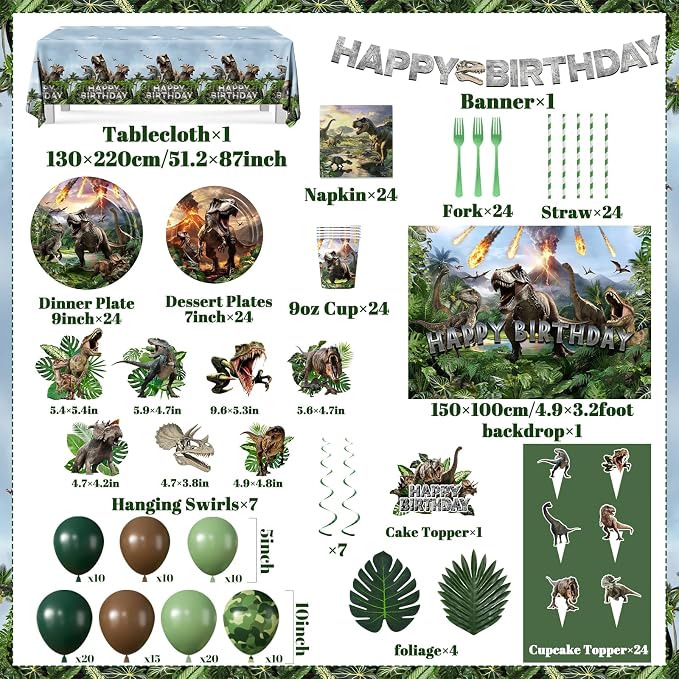 Dinosaur Birthday Party Decorations, 278 PCS Dino Party Supplies Serves 24 with Backdrop, Balloons, Plates Cups Napkins Forks, Cake Toppers, Banner, Swirls & Tablecloth for Boys Girls