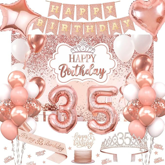 35th Birthday Decorations for Women, 52pcs Sweet Rose Gold Happy 35 Birthday Decorations Including 35th Rose Gold Crown, Sash, Banner, Background for 35 Party Decorations Set