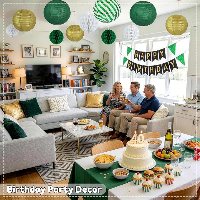 Green and Gold Party Decorations - 16Pcs Hanging Green White and Gold Paper Lanterns & Honeycomb Balls for Graduation Decorations 2026, Birthday, Baby Shower & Wedding Party Supplies