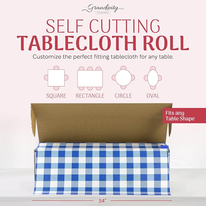 Grandipity Plastic Tablecloth Roll - 54in x 100 Ft. Blue Gingham Checkered Plastic Table Cloths for Parties Disposable with Cutter Box - Cut to Size | Disposable Tablecloth for Rectangle & Round
