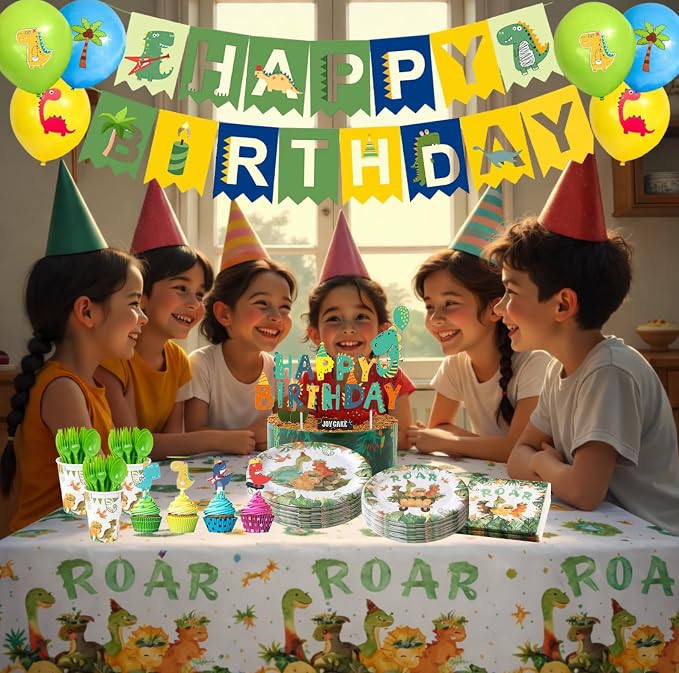 Dinosaur Birthday Party Decorations Set – 119 PCS Dino Theme Party Supplies for Kids, Banner, Balloons, Plates, Cups, Napkins, Tablecloth, Invitations & Cake Toppers