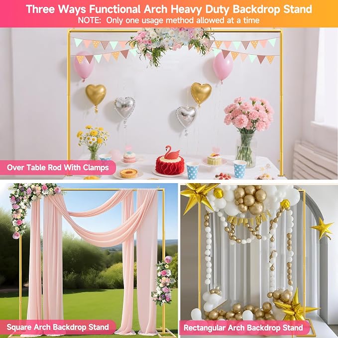 Square Backdrop Stand, Wedding Arch Heavy Duty Adjustable Stand, Over The Table Rod Stand with Clamps, Metal Gold Garden Balloon Frame for Baby Shower Party Decoration
