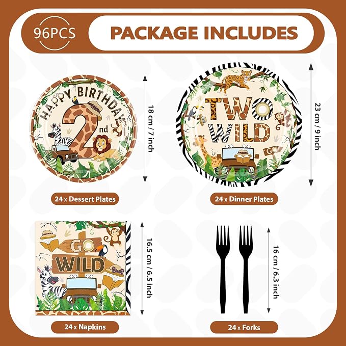 96Pcs Two Wild Birthday Party Decoration Safari Jungle 2 Year Old Birthday Plates and Napkins Mouse Safari Wild Animal Tableware Set for Boys Girls 2nd Birthday Party Supplies, Serves 24