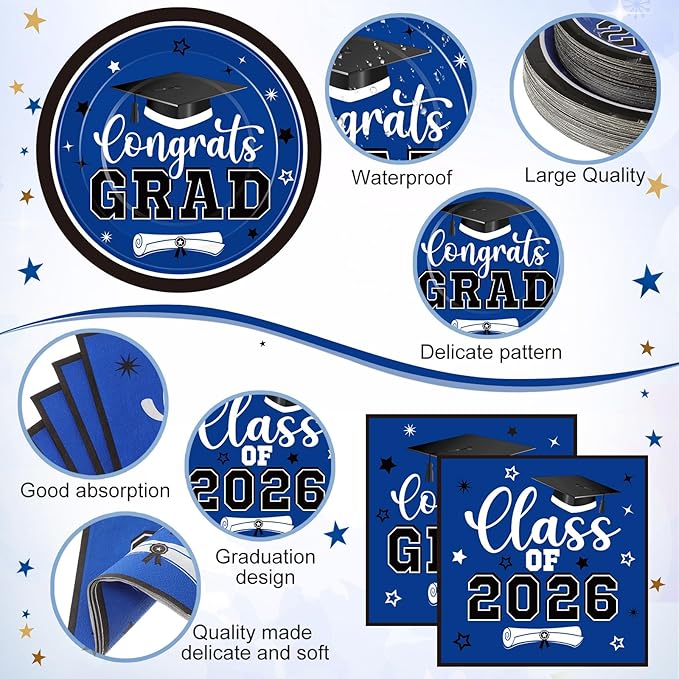Funnymoom 452 Pcs 2026 Blue White Graduation Decoration for 50, Class of 2026 Blue Graduation Paper Plates Napkins Cups Tablecloth Cutlery Straws for College High School Congrats Grad Party Supplies