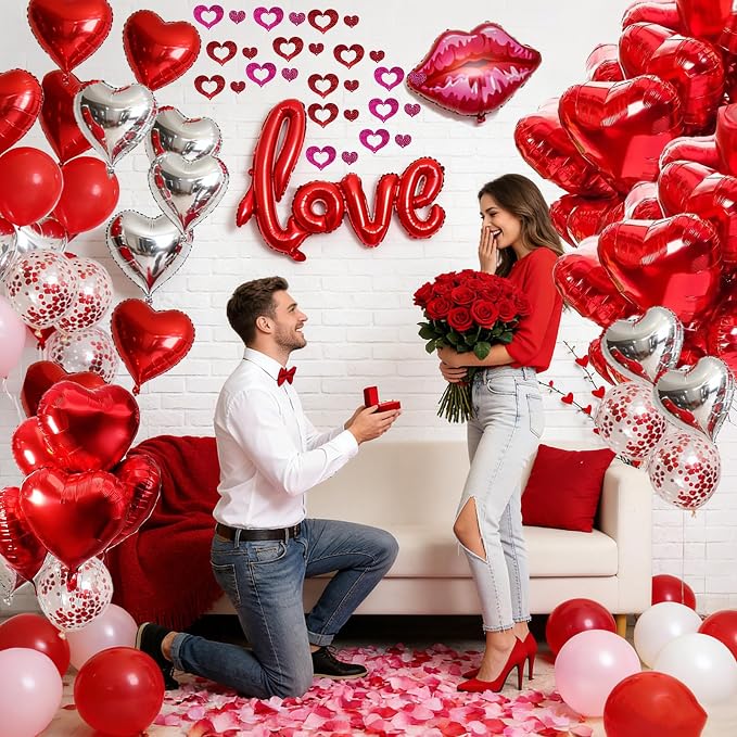 Wedding Anniversary & Valentine’s Day Heart Balloon Set- 200+Pcsred balloons heart balloons, Rose Petals, Metallic Love Letters, Hearts for Anniversary, Wedding, Proposal, Party Decor