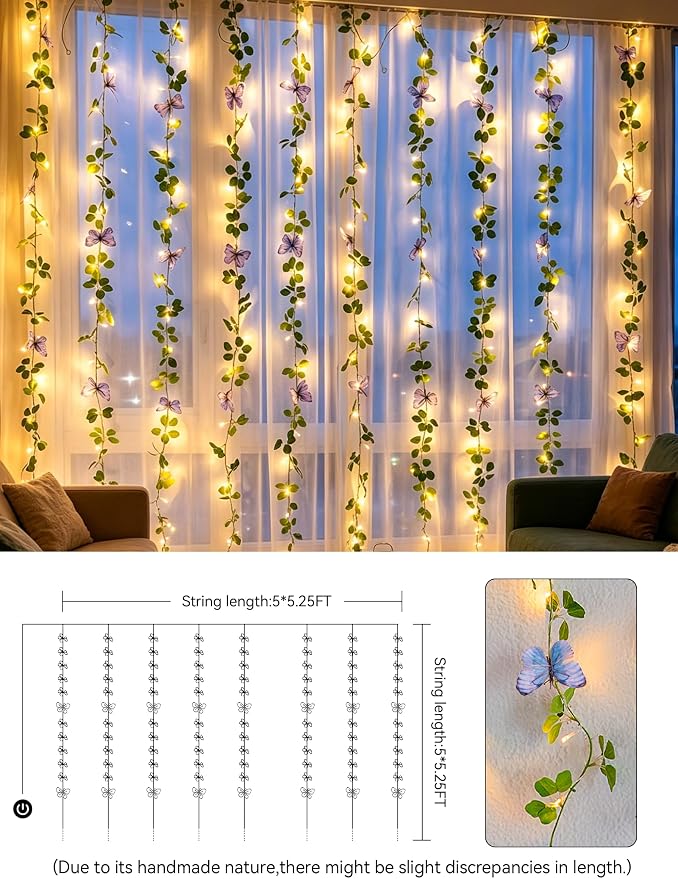 suddus Vine with Lights, Vine Lights with Butterfly for Wall,Bedroom, Dorm, Wedding, Party, Indoor Decor
