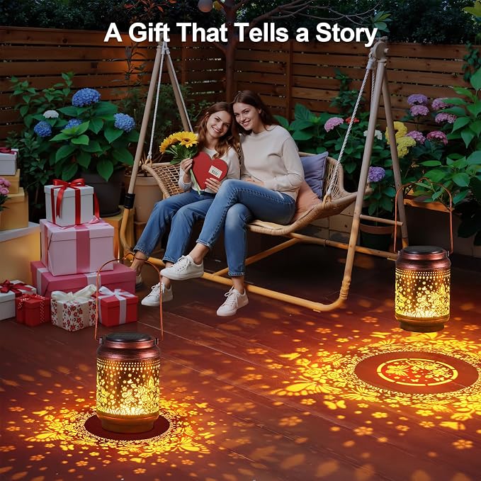 KOOPER Solar Lanterns Outdoor Waterproof Birthday Gifts for Women Mon Grandma, 2 Pack Brighter Hummingbird Hanging Solar Lantern Lights Outdoor, Metal Outdoor Decoration for Yard (Butterfly and Rose)