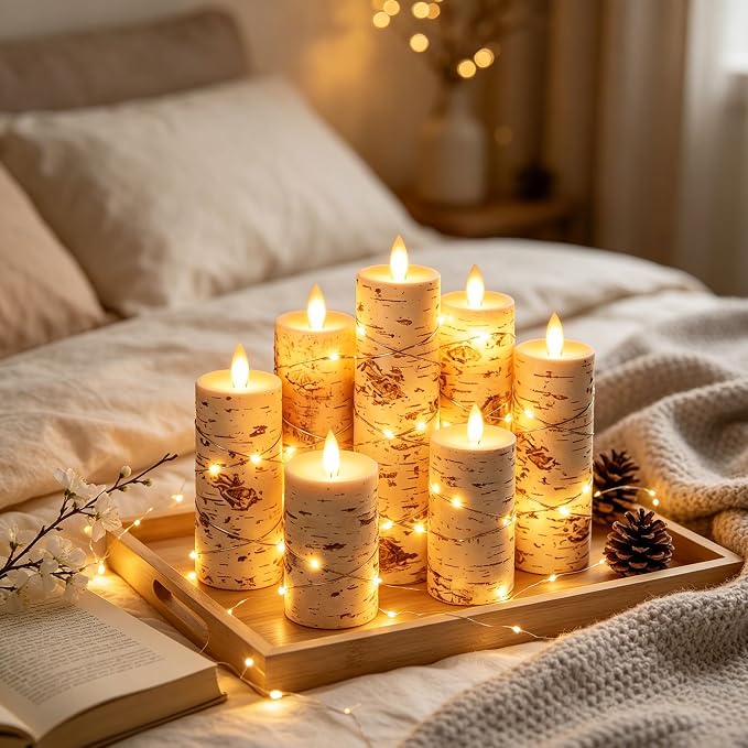 Da by 5 Pack Birch Bark Real Wax Flameless Taper Candles, Lifelike Flickering LED Candles with Copper String Lights, Battery Operated Candles with Remote for Farmhouse Wedding Home Decor