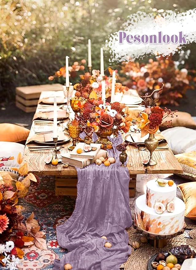 24 Pack Purple Cheesecloth Table Runner, 10FT Violet Amethyst Cheesecloth Rustic Boho Table Runner Long Romantic Semi Sheer Table Runner for Wedding Birthday Bridal Party Decorations(21.5×120 Inch)