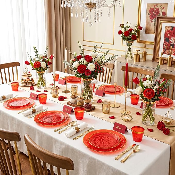Rubtlamp 700Pcs Red Gold Plastic Dinnerware Set, Hammered Red Gold Plates, Fancy Plastic Plates Include 100 Dinner Platos, 100 Salad Platos, 100 Cups,100 Pack Pre Rolled gold plastic Silverware