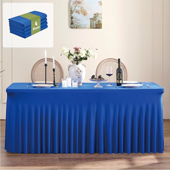 Leegleri 4 Pack Royal Blue Spandex Table Clothes for 6ft Rectangle Tables, Wrinkle Free Fitted Tablecloths for Parties, Weddings, Banquets, Baby Showers