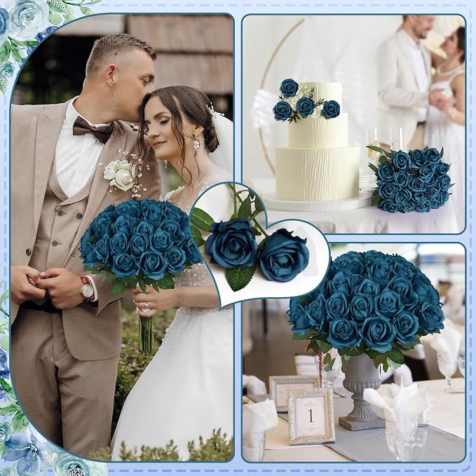 90pcs Teal Roses Artificial Flowers, Fake Velvet Silk Rose Bulk Faux Flower for Decoration DIY Wedding Centerpieces Proposal Bridal Bouquets Shower Party Home Floral Decor