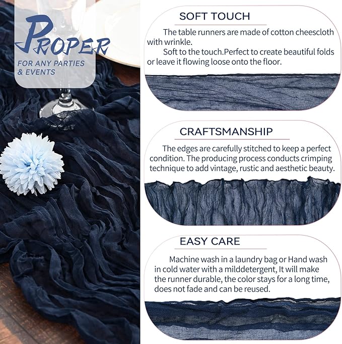 15 Packs Cheesecloth Table Runner Navy Blue,13 Ft Dark Blue Rustic Gauze Boho Wedding Table Runner Decoration, Wedding Table Decor Table Cloth for Wedding Party Bridal Shower Table,21.5x157in