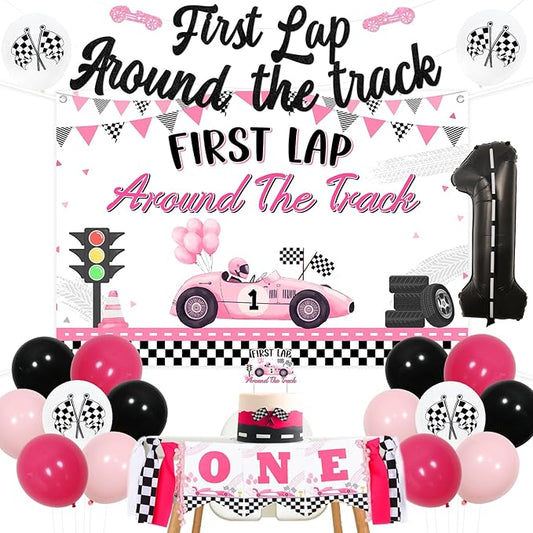 Race Car 1st Birthday Party Decorations Girls First Lap Around The Track Banner Pink Racing Themed 1st Birthday Backdrop Fast One Highchair Banner Cake Topper 1 Foil Balloon for Lets Go Racing Party