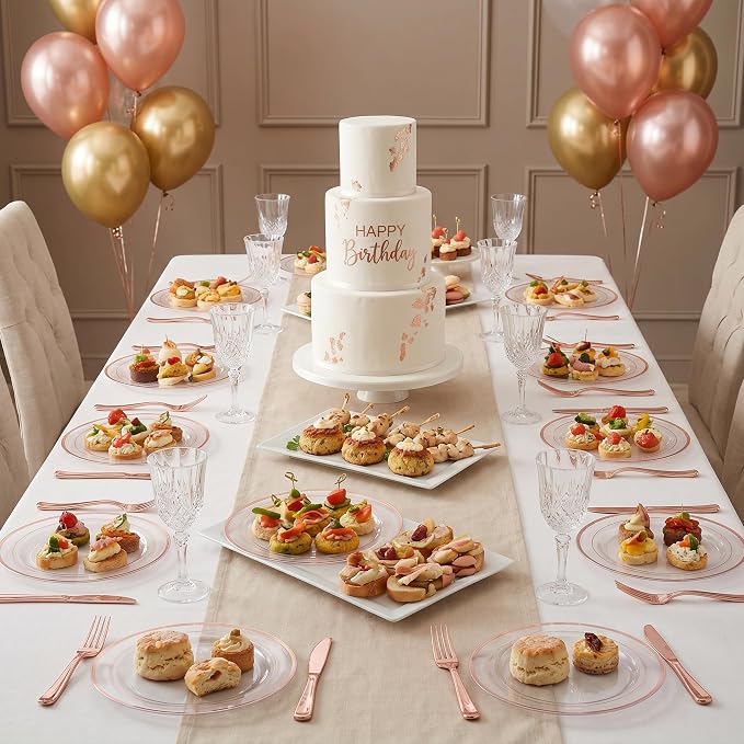 I00000 72 Pcs Rose Gold Plastic Dessert Plates7.5& 72 Pcs Plastic Forks7.4, Premium Salad Plates, Heavy Duty Disposable Plate for Party,Disposable Appetizer Plates Great for Wedding