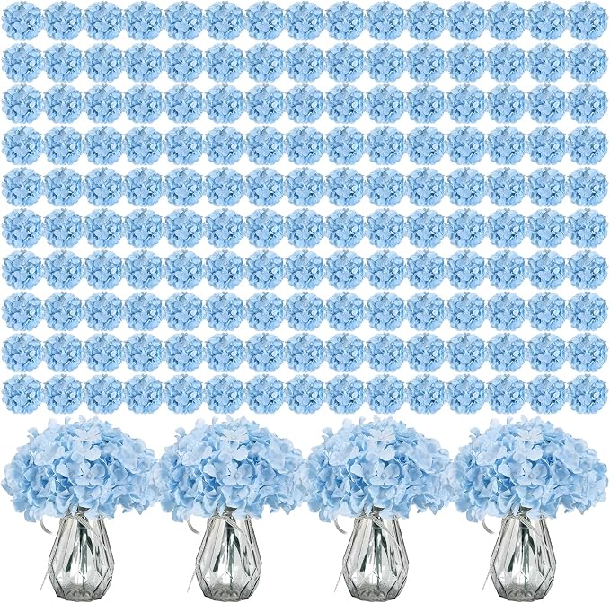 Auihiay 404PCS Hydrangea Artificial Flowers, Silk Artificial Flowers Heads with Stems, Blue Lifelike Faux Flowers for Wedding Centerpieces, Arch and Background, Party, Home, Baby Shower Decor