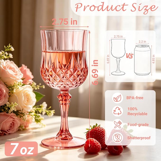 Plastic Wine Glasses, Plastic Goblets Vintage Style Cordial Unbreakable Drinking Glasses, Reusable Drinkware for Wedding Reception, Grand Event Party Supplies (48, Rose Gold)