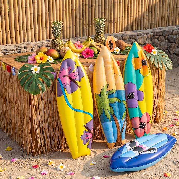 JellyArch 4 Pcs Hawaiian Inflatable Surf Board 36 Inch Inflatable Luau Hawaiian Pool Party Decorations Frangipani Tropical Blow up Surfboard Pool Float Palm Tree for Wall Birthday Beach Party Decor