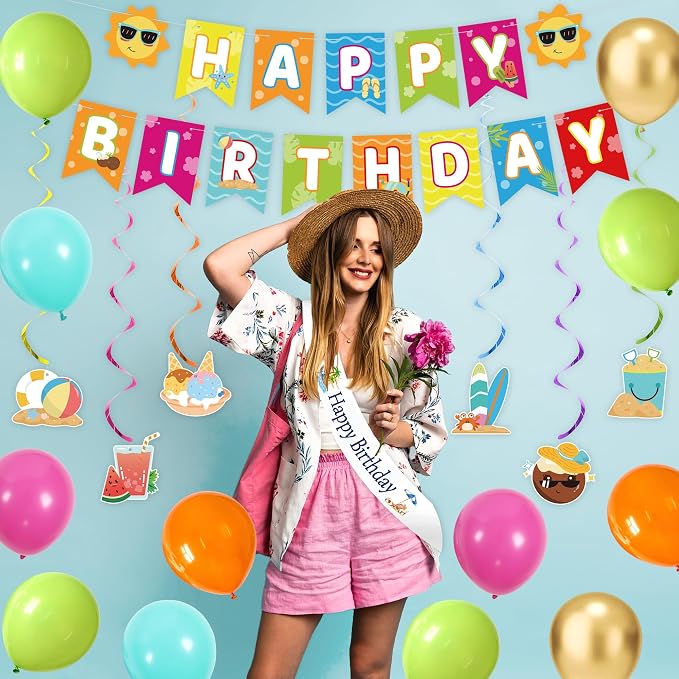 Crenics Summer Birthday Decorations - Happy Birthday Banner, Foil Fringe Curtains, Sash, Hanging Swirls, Cake Topper and Balloons for Summer Beach Theme Party Supplies