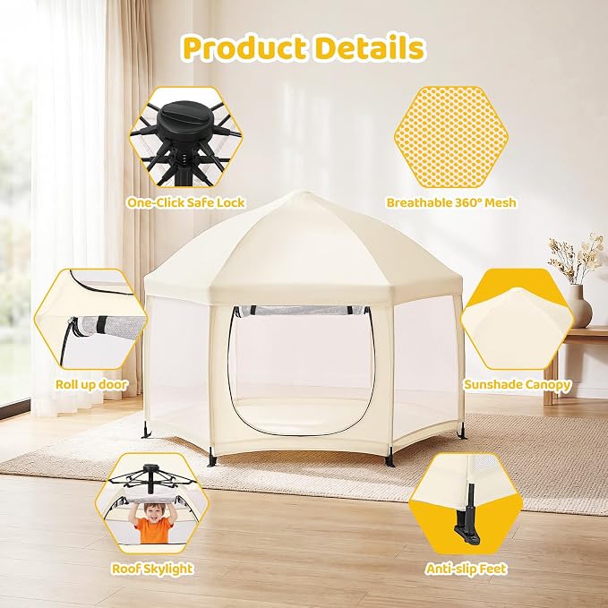 Dripex Pop Up Playpen w/t Built-in Pad & One-Click Safe Lock, Foldable Indoor/Outdoor Baby Playpen w/t Removable Canopy &Roll-Up Door & Top Mesh Window, Travel Pop and Go Beach Play Pen for Baby Beige